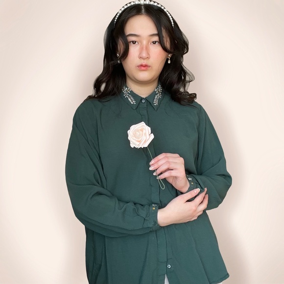 Vintage emerald forest green button up - Picture 3 of 4